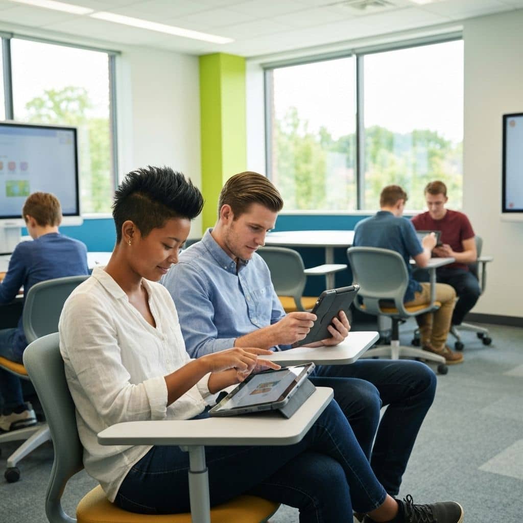 Estudiantes aprendiendo con tecnología educativa